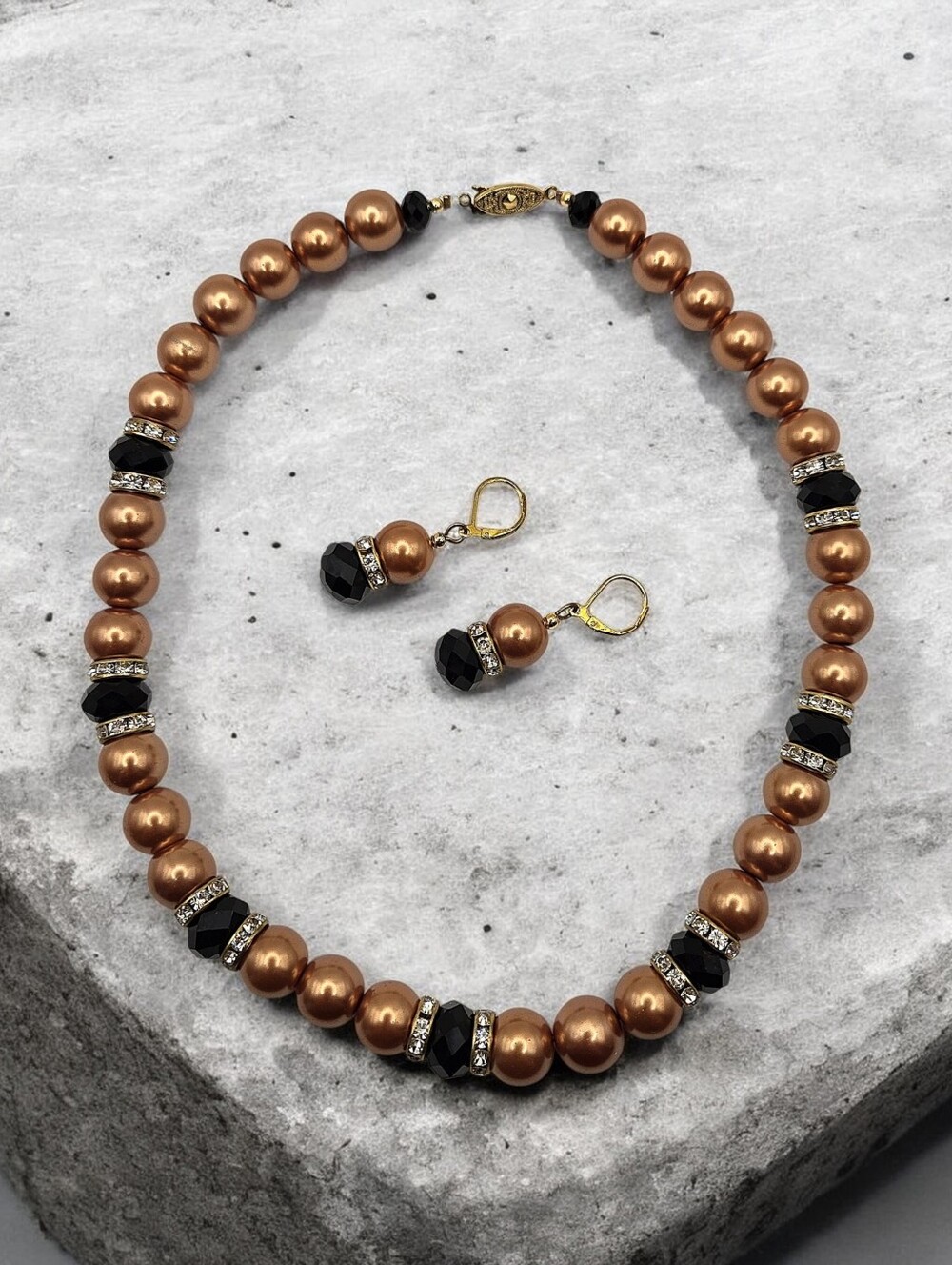 Elegant Copper Pearl and Black Crystal Necklace with Matching Earrings